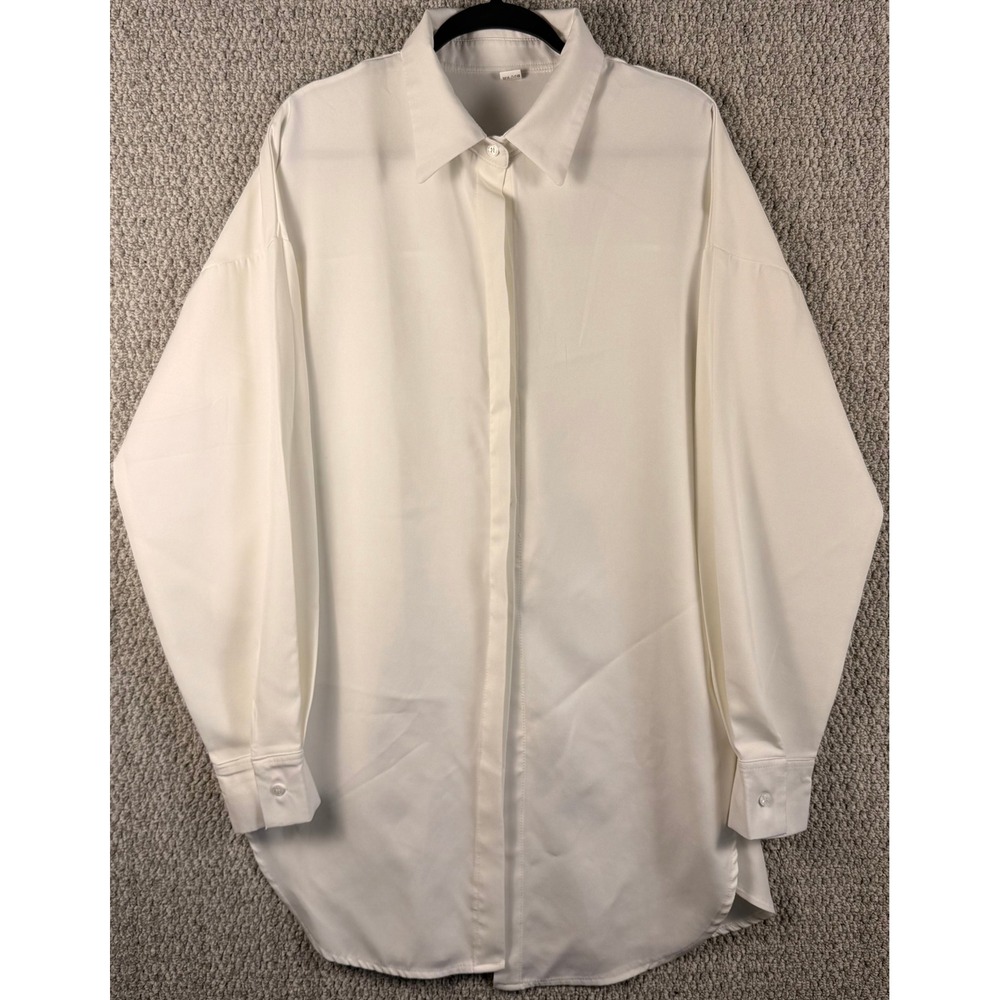 Unbranded Oversized Long Sleeve Button Down Shirt White Side Buttons Large XL